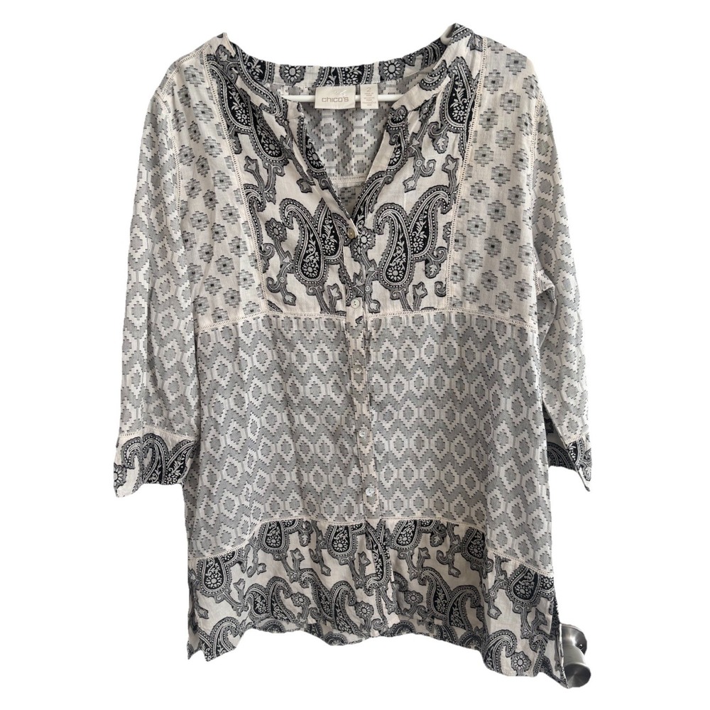 Chico's Aztec Western Button Up Blouse‎ Womens 2/Lg Black White Paisley V Neck